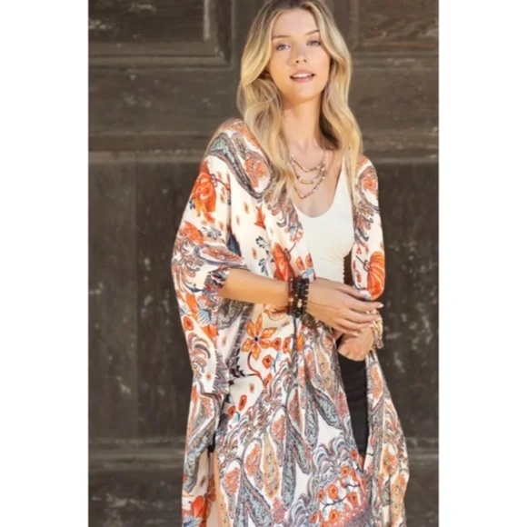 Alabaster Dobby Jacquard Intricate Jacobean Motif Boho Bohemian Kimono Wrap Top - Picture 2 of 5